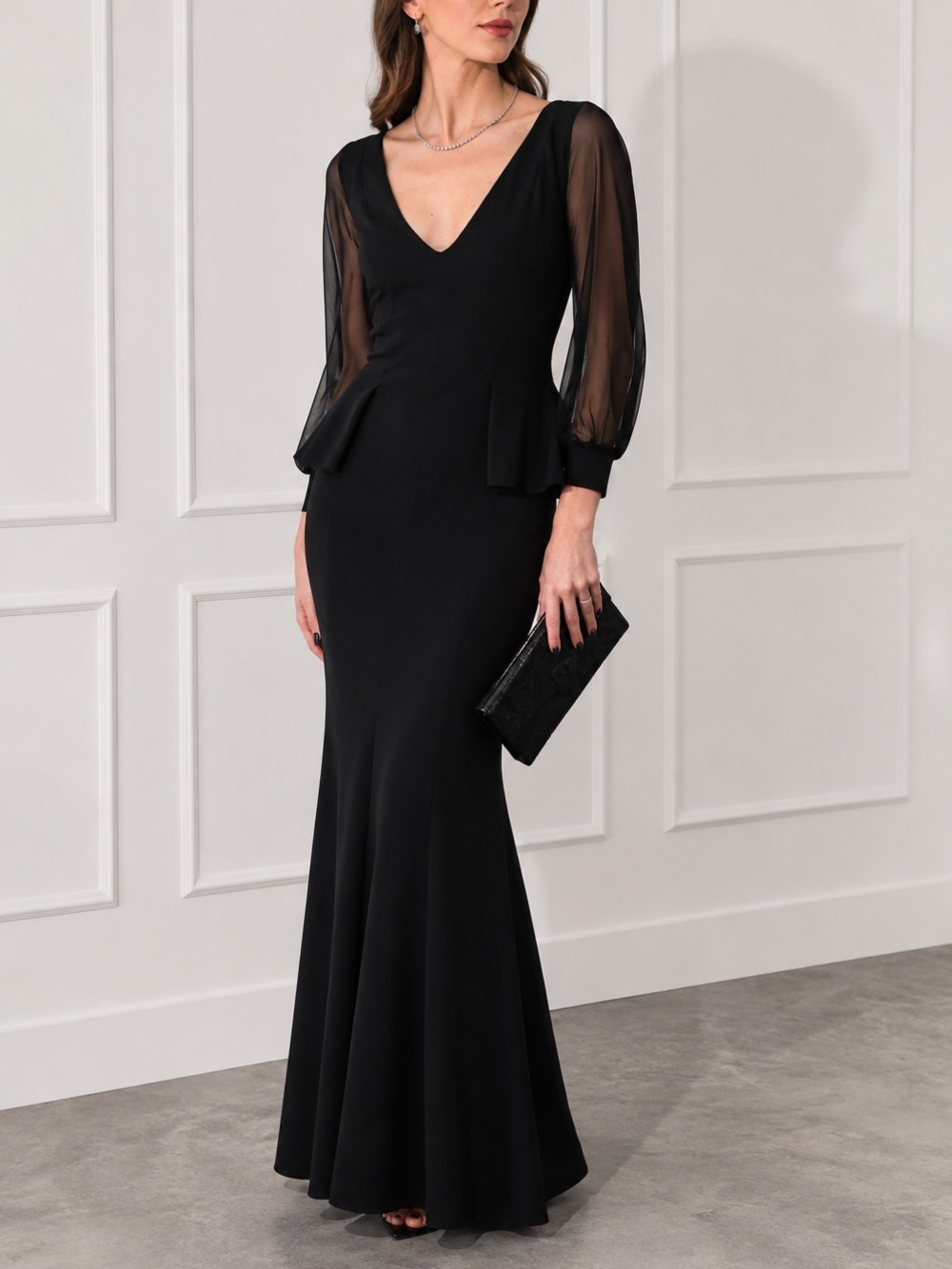 Chiara Boni La Petite Robe Black Peplum Mermaid Gown Sheer Sleeves Made in Italy
